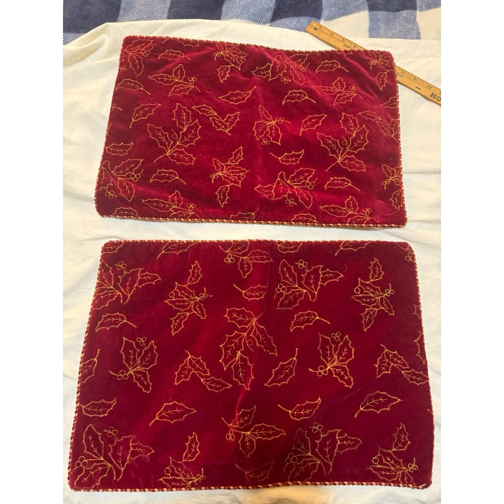 Set of 2 Red Velvet Christmas Placemats Gold Embroidered Holly
